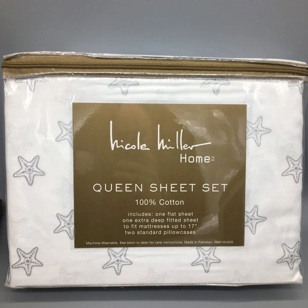 Nicole Miller Silver Starfish QUEEN Sheet Set Beach Ocean Shimmer 100% Cotton